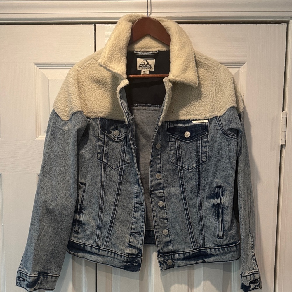 Jordache Blue Denim Jacket with Cream Sherpa Collar
